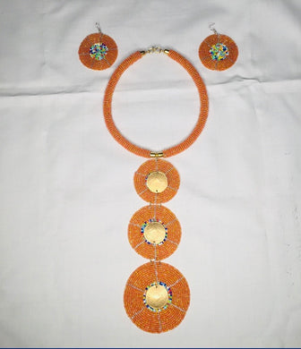 Orange Beaded Necklace and Earrings