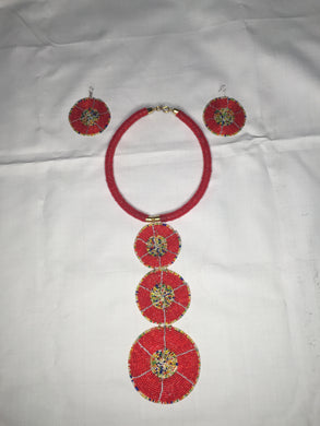 Red Beaded Necklace and Earrings